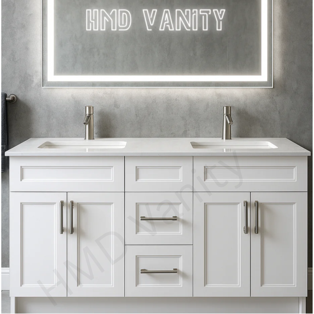 60" Double Sinks Stone Top - 58″ Bathroom Vanity (Top & Vanity Sold Separately) – HDF Cabinet Free-Standing Design