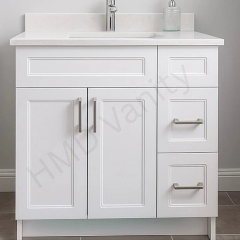 36" Stone Top – 35" White Vanity with Right-Side Drawers (Top & Vanity Sold Separately). Timeless Design, Freestanding HDF Cabinet