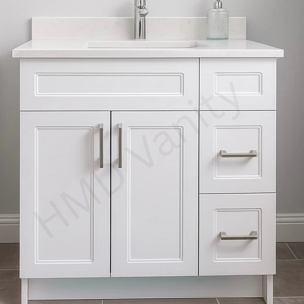 36" Stone Top – 35" White Vanity with Right-Side Drawers (Top & Vanity Sold Separately). Timeless Design, Freestanding HDF Cabinet