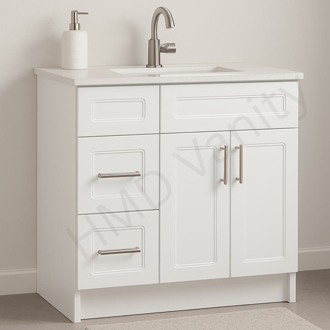 36" Stone Top – 35" White Vanity with Left-Side Drawers (Top & Vanity Sold Separately). Timeless Design, Freestanding HDF Cabinet