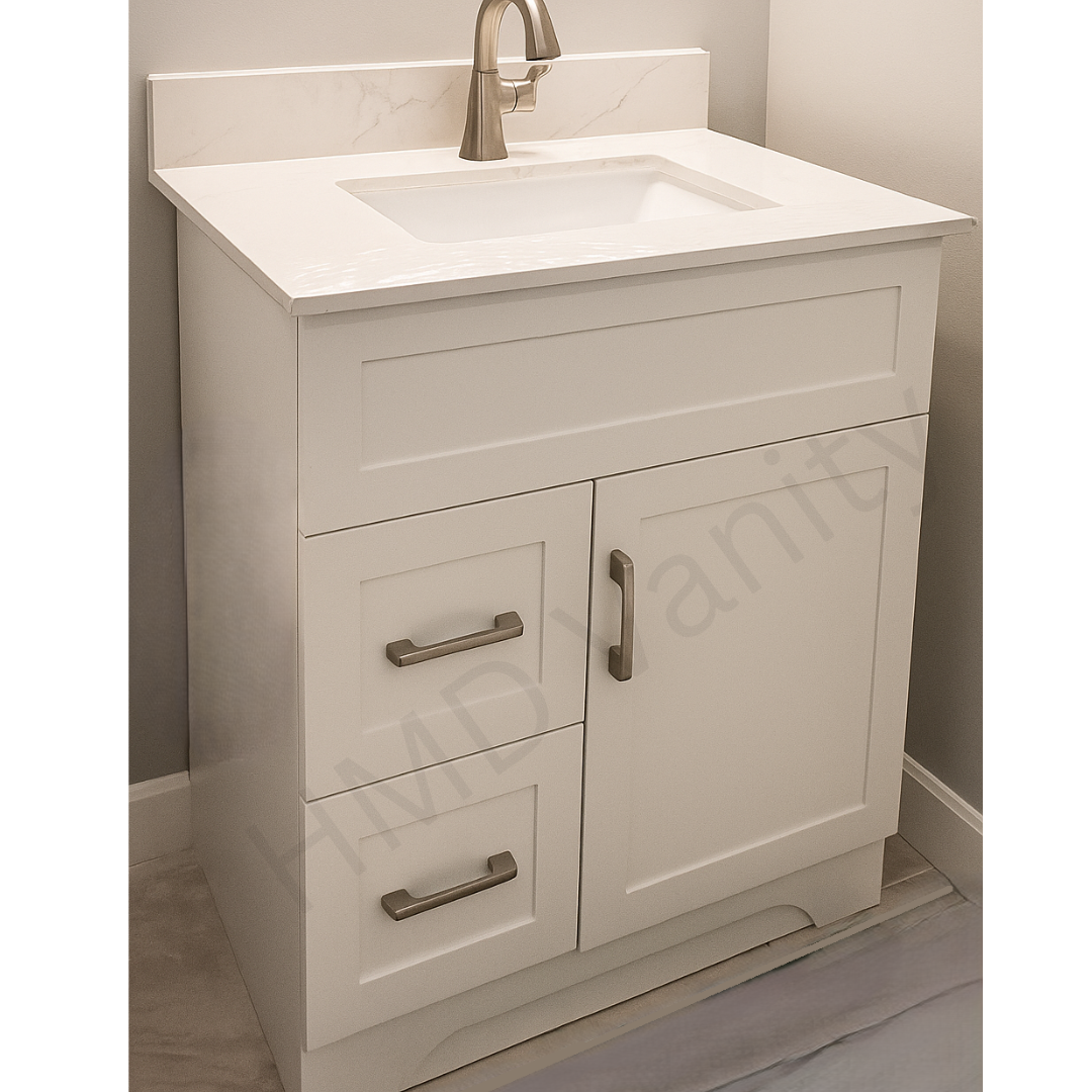 30" Stone Top – 29" White Painted Vanity with Left -Side Drawers (Top & Vanity Sold Separately). Freestanding MDF Painted Cabinet