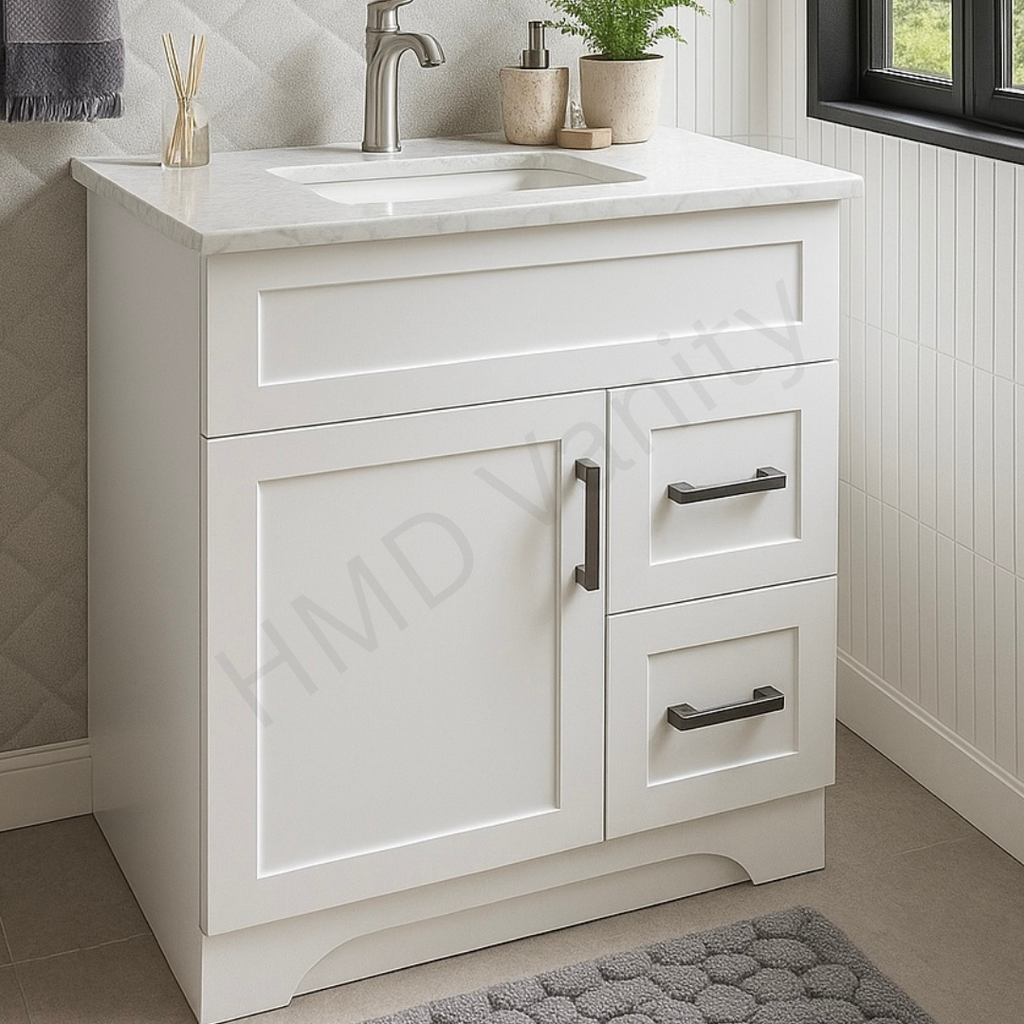 30" Stone Top – 29" White Painted Vanity with Right-Side Drawers (Top & Vanity Sold Separately). Freestanding MDF Painted Cabinet