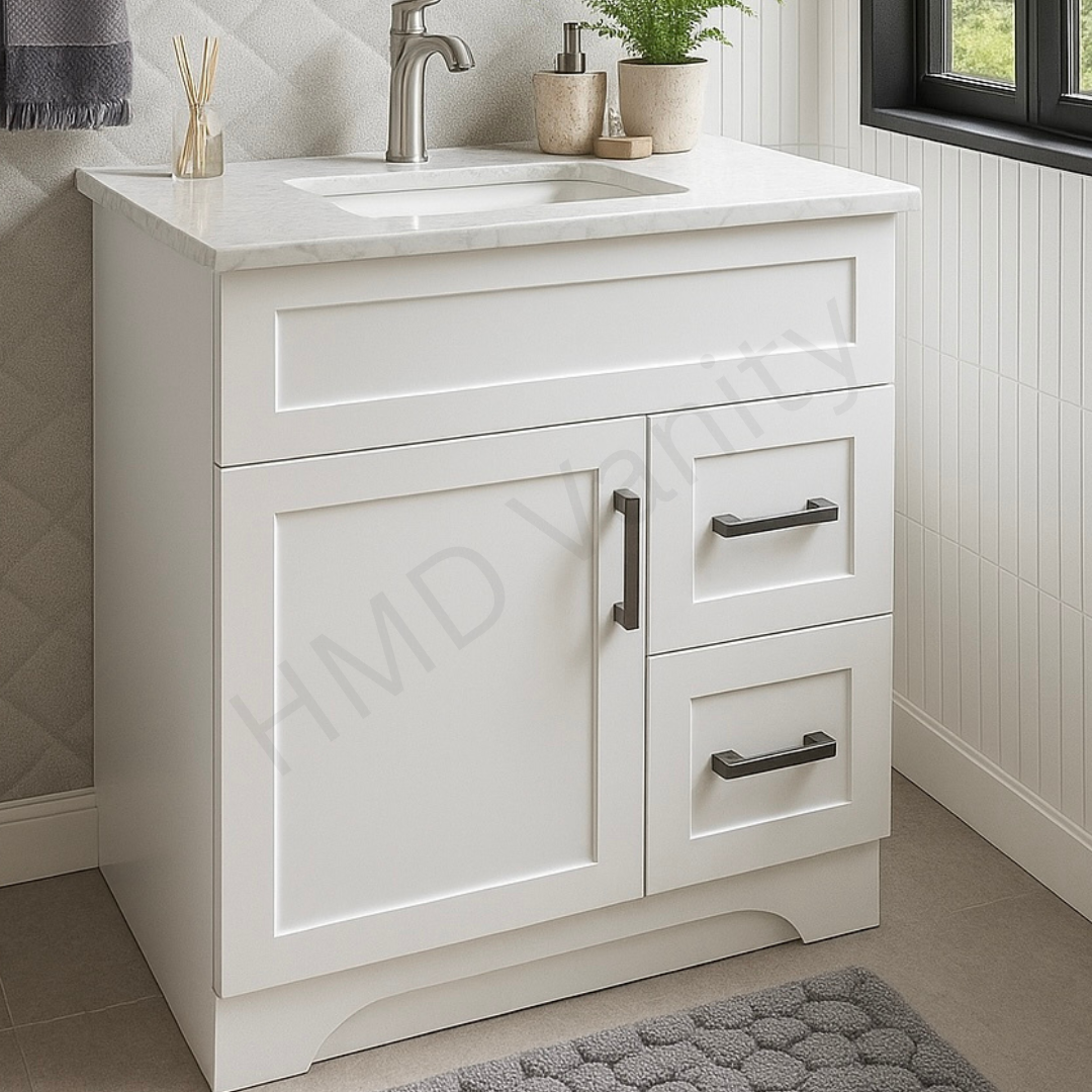 30" Stone Top – 29" White Painted Vanity with Right-Side Drawers (Top & Vanity Sold Separately). Freestanding MDF Painted Cabinet